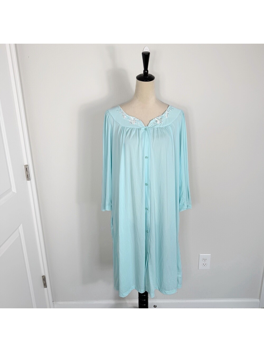 Vintage Miss Elaine Baby Blue Button Up Nightgown/Robe Nylon Granny Size 1X
